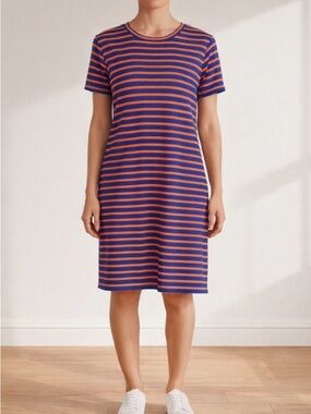 Sonnet Janes Striped Short-Sleeve Play Dress in Blue and Coral